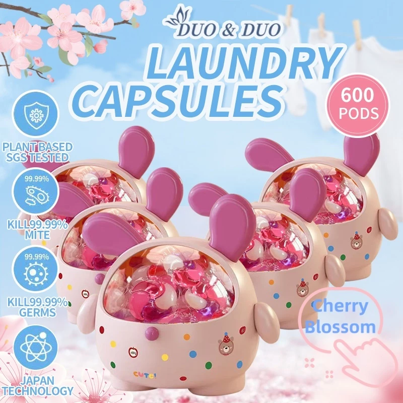 DuoDuo Plant Based Singapore SGS tested 4 in 1 Laundry Capsules Cherry Blossom Scent Bundle of 5Box - 600 pods (Pink)