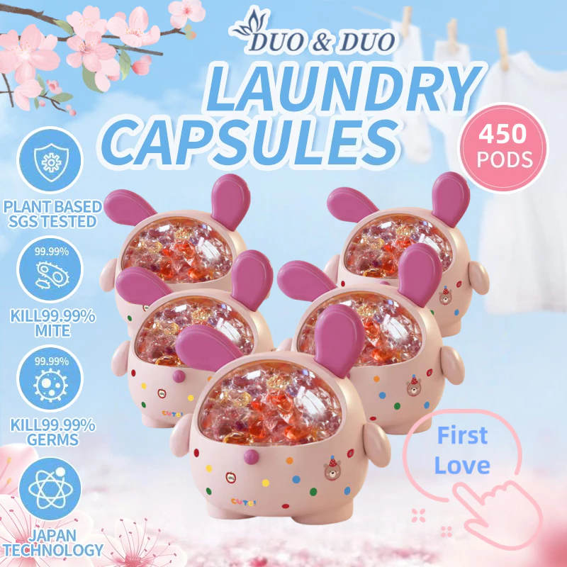 DuoDuo Plant Based Singapore SGS tested 6 in 1 Laundry Capsules First Love Bundle of 5Box - 450 pods (Pink)