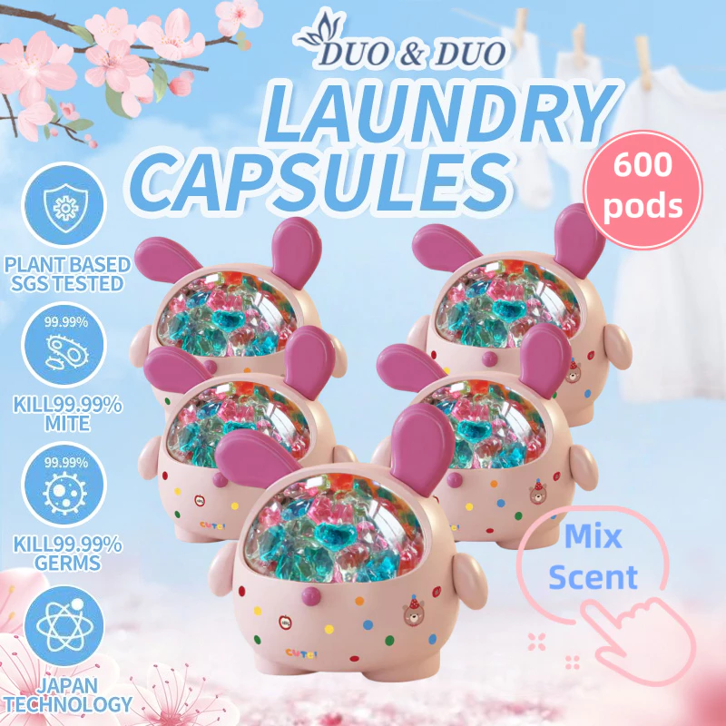 DuoDuo Plant Based Singapore SGS tested Bundle of 5Box 3 in 1 Laundry Capsules Mix Scent - 600 pods (Pink)