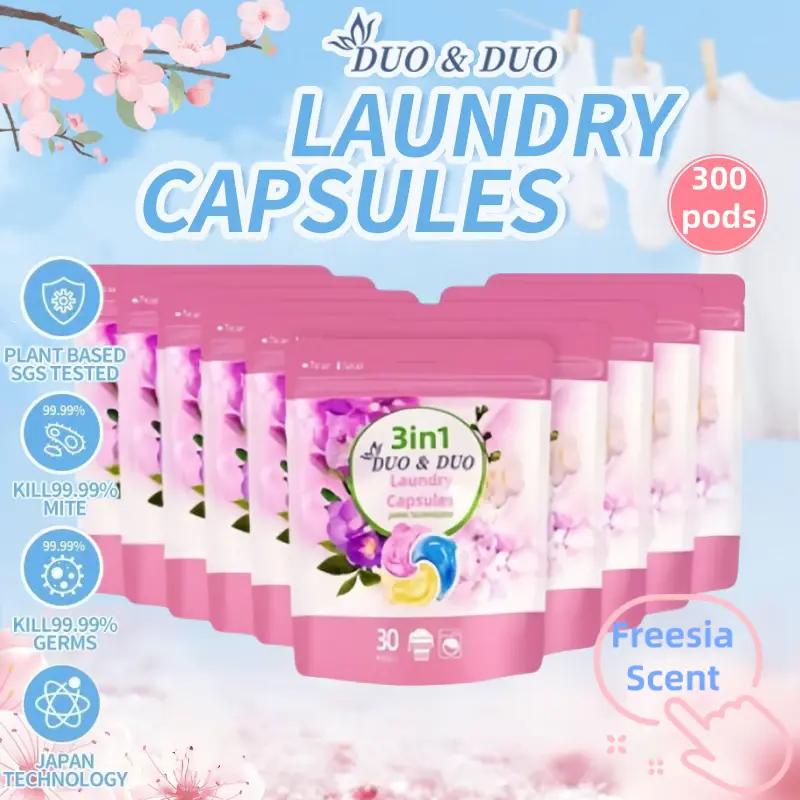 DuoDuo Plant Based Singapore SGS tested Bundle of 10Packets 3 in 1 Laundry Capsules Freesia Scent - 300 pods
