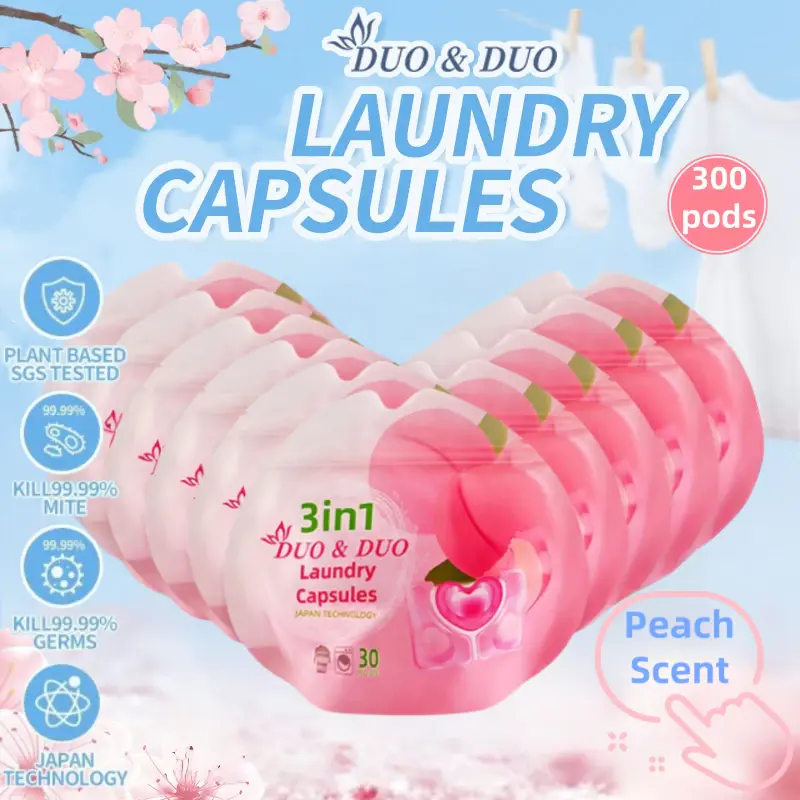 DuoDuo Plant Based Singapore SGS tested 3 in 1 Laundry Capsules Peach Scent Bundle of 10 Refill - 300 Pods