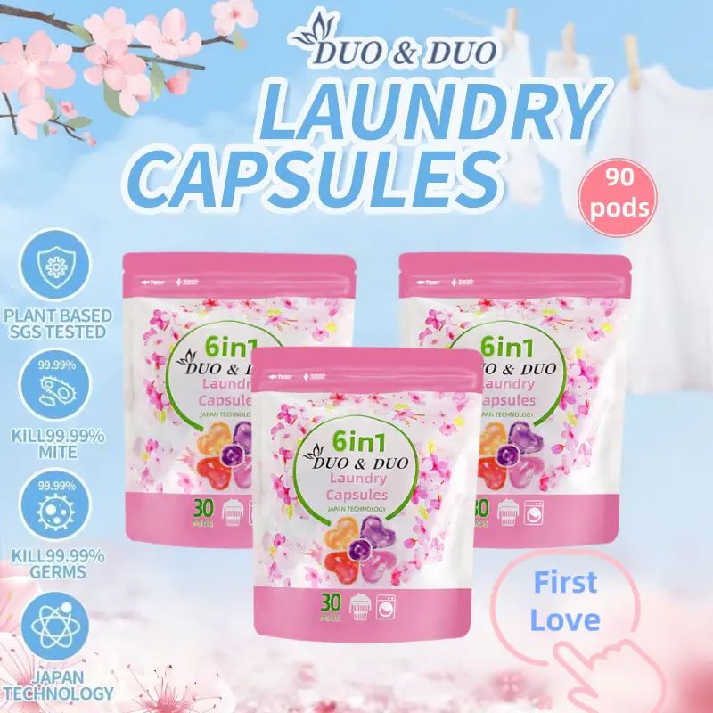 DuoDuo Plant Based Singapore SGS tested Bundle of 3 Packets 6 in 1 Laundry Capsules First Love 90 pods