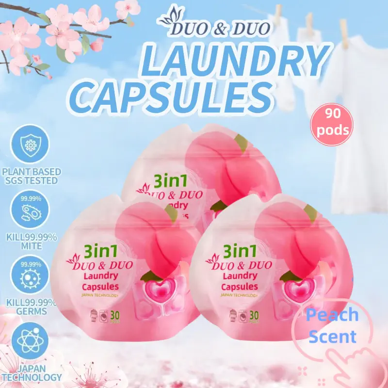 DuoDuo Plant Based Singapore SGS tested 3 in 1 Laundry Capsules Peach Scent Bundle of 3 Refill - 90 pods