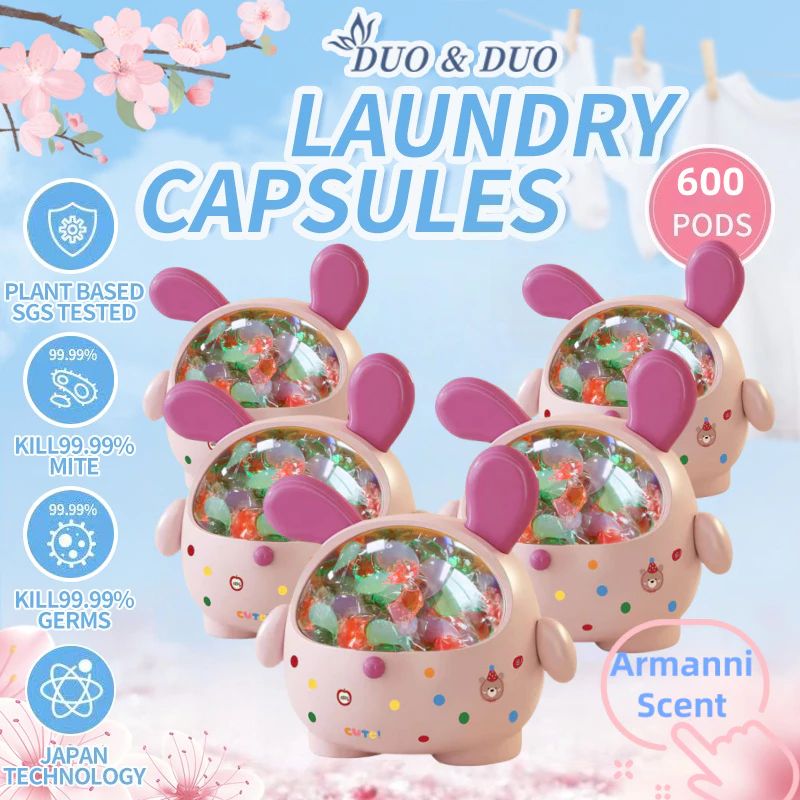 DuoDuo Plant Based Singapore SGS tested Bundle of 5Box 4 in 1 Laundry Capsules Armanni - 600 pods (Pink)