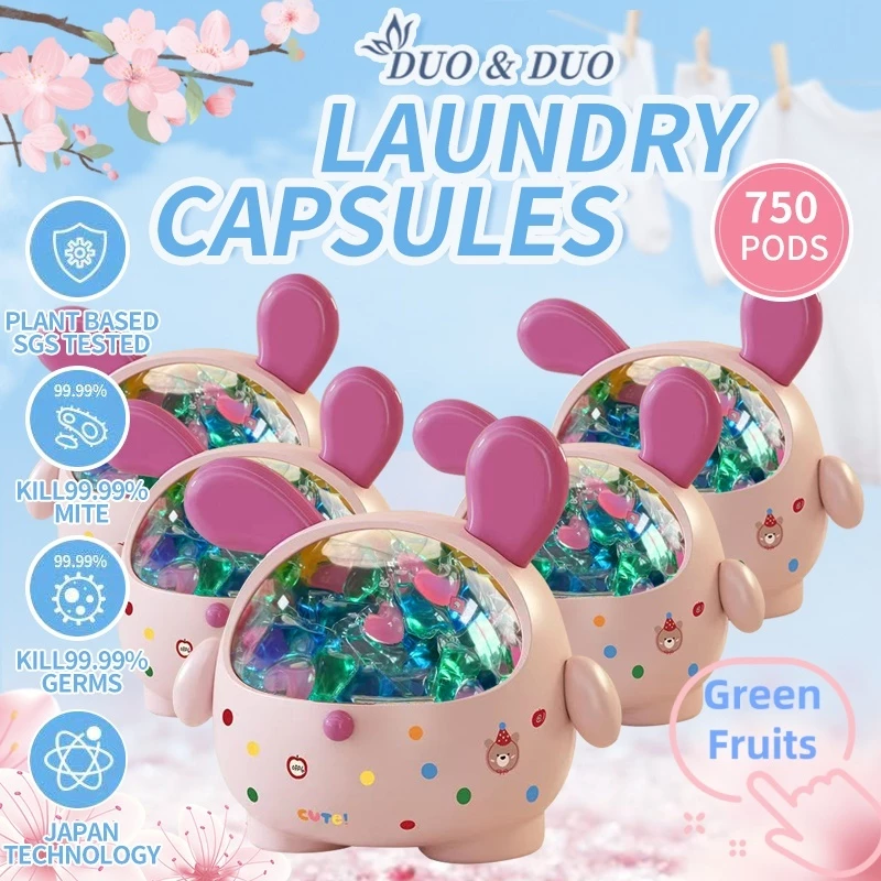 DuoDuo Plant Based Singapore SGS tested 3 in 1 Laundry Capsules Green Fruits Bundle of 5Box - 750 pods (Pink)