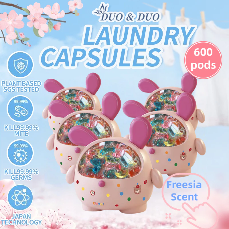 DuoDuo Plant Based Singapore SGS tested Bundle of 5Box 3 in 1 Laundry Capsules Freesia Scent - 600 pods (Pink)