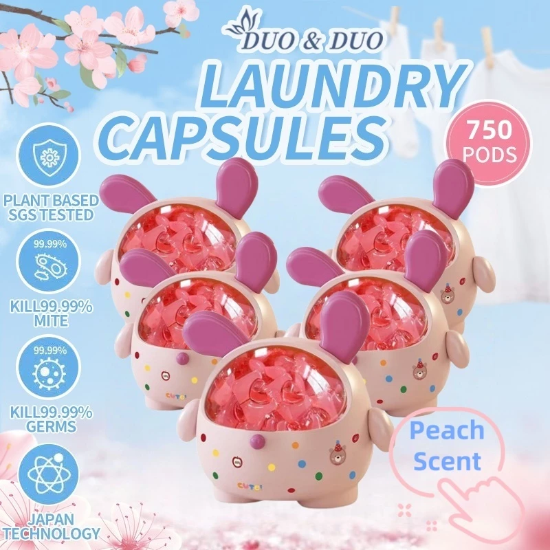 DuoDuo Plant Based Singapore SGS tested 3 in 1 Laundry Capsules Peach Scent Bundle of 5Box -750 pods (Pink)