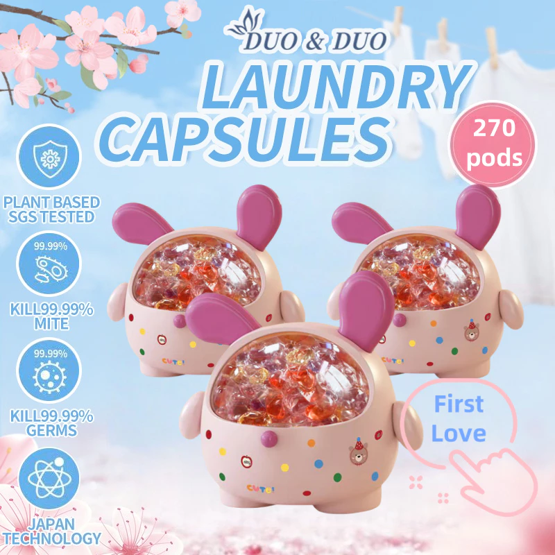 DuoDuo Plant Based Singapore SGS tested Bundle of 3Box 6 in 1 Laundry Capsules First Love - 270 pods (Pink)