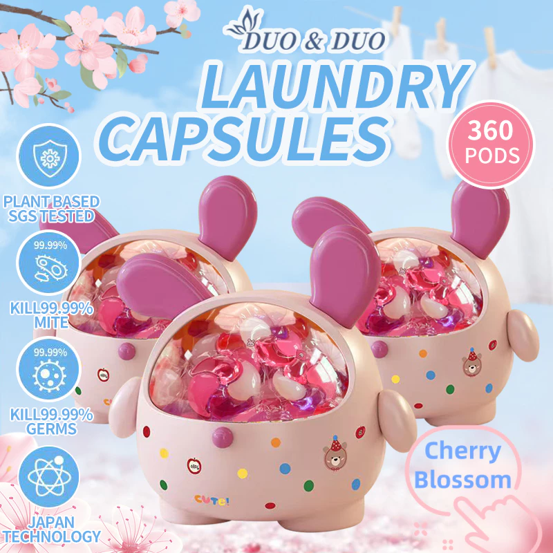 DuoDuo Plant Based Singapore SGS tested 4 in 1 Laundry Capsules Cherry Blossoms Scent Bundle of 3Box - 360 PODS (Pink)