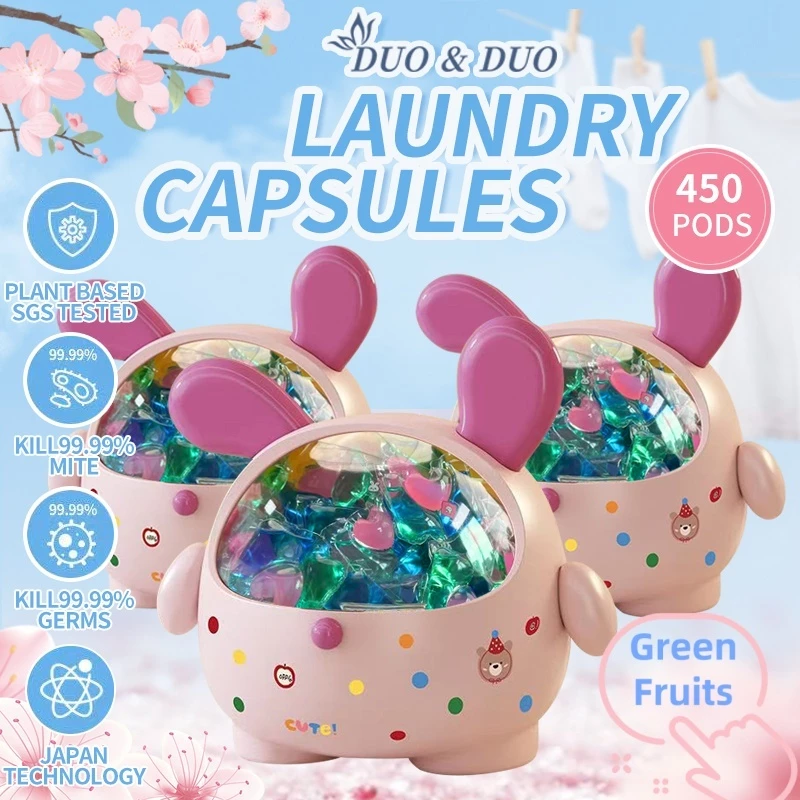 DuoDuo Plant Based Singapore SGS tested Bundle of 3Box 3 in 1 Laundry Capsules Green Fruit- 450 PODS (Pink)