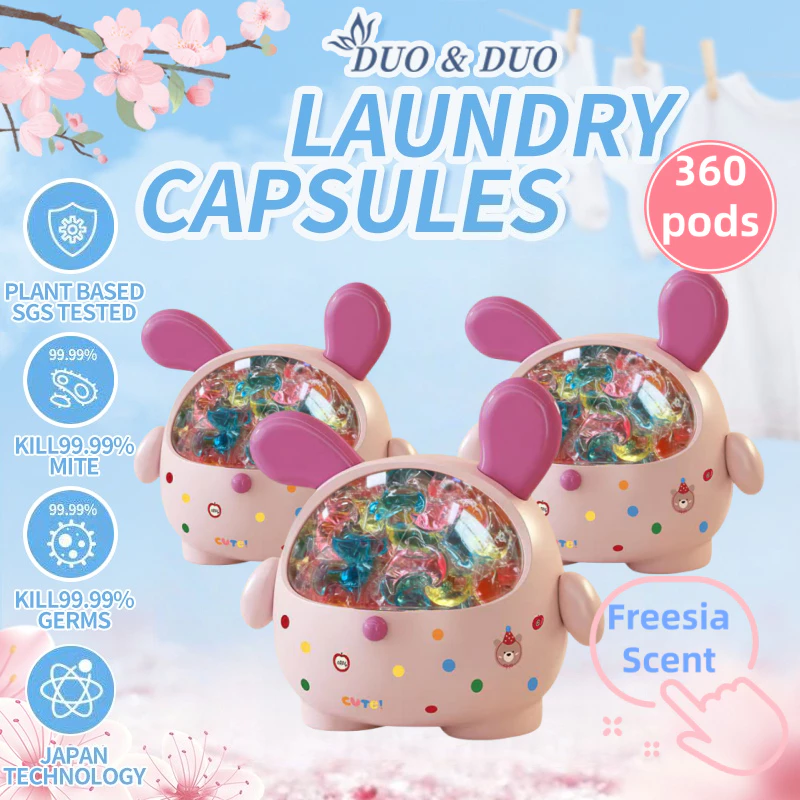 DuoDuo Plant Based Singapore SGS tested Bundle of 3Box 3 in 1 Laundry Capsules Freesia Scent - 360 pods (Pink)