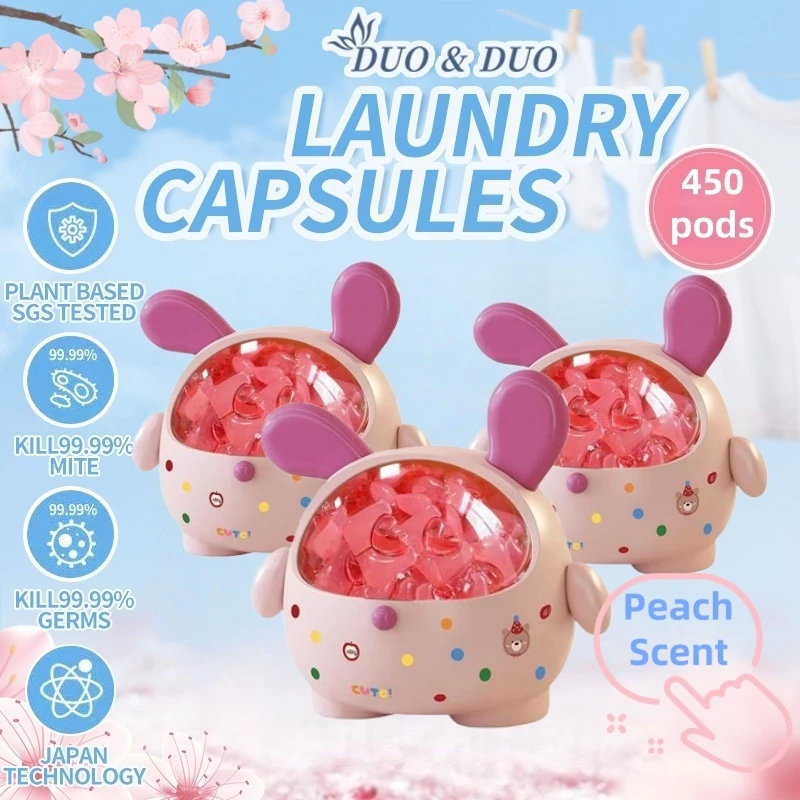 DuoDuo Plant Based Singapore SGS tested Bundle of 3Box 3 in 1 Laundry Capsules Peach Scent - 450 pods (Pink)
