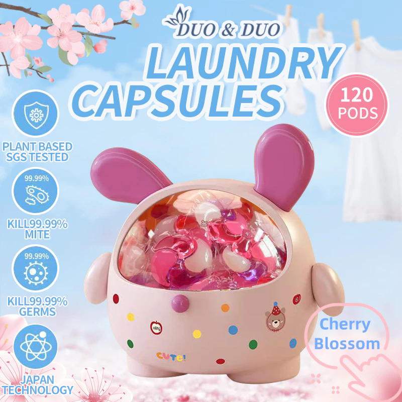 DuoDuo Plant Based Singapore SGS tested 4 in 1 Laundry Capsules Cherry Blossoms Scent - 120 PODS (Pink)