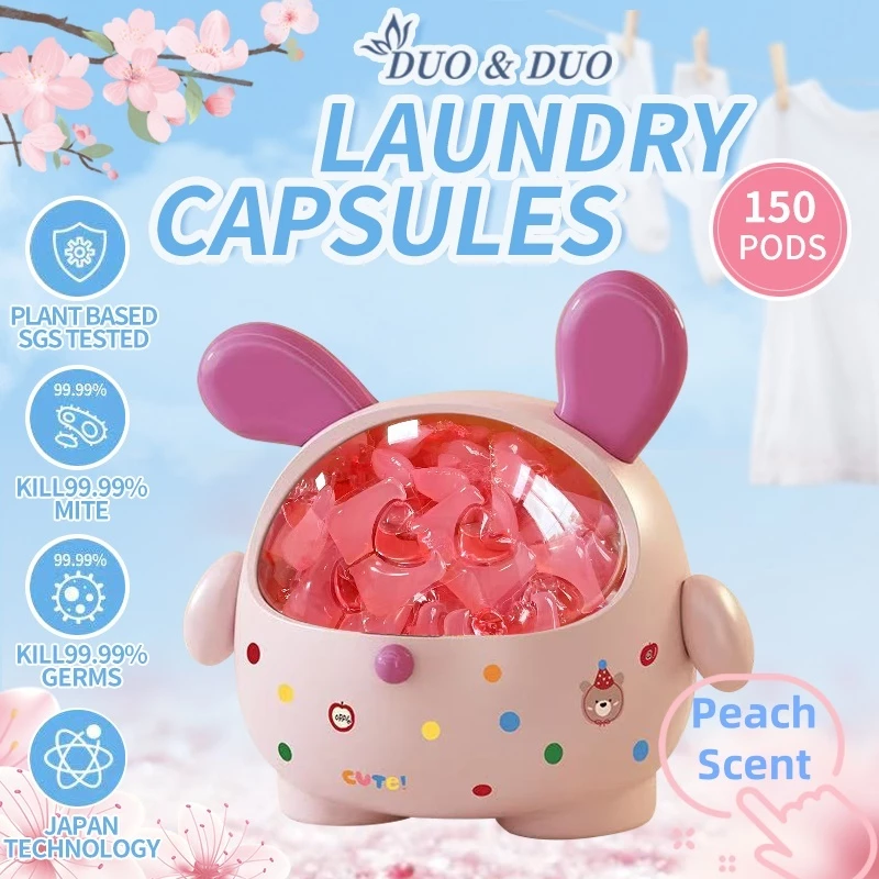 DuoDuo Plant Based Singapore SGS tested 3 in 1 Laundry Capsules Peach Scent - 150 Pods (Pink)
