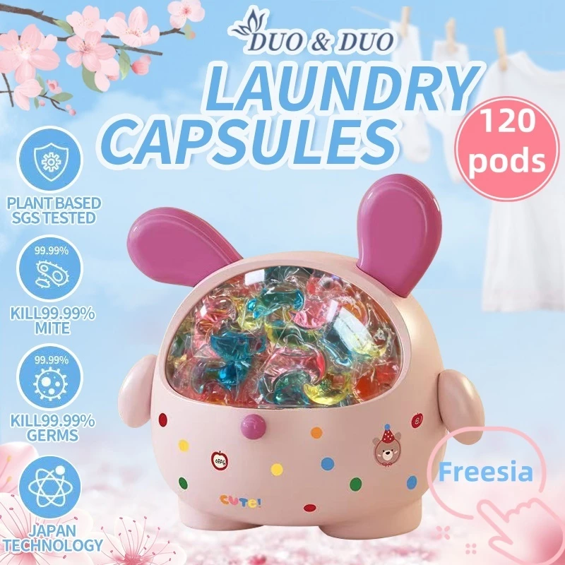 DuoDuo Plant Based Singapore SGS tested 3 in 1 Laundry Capsules Freesia Scent - 120 PODS (Pink)