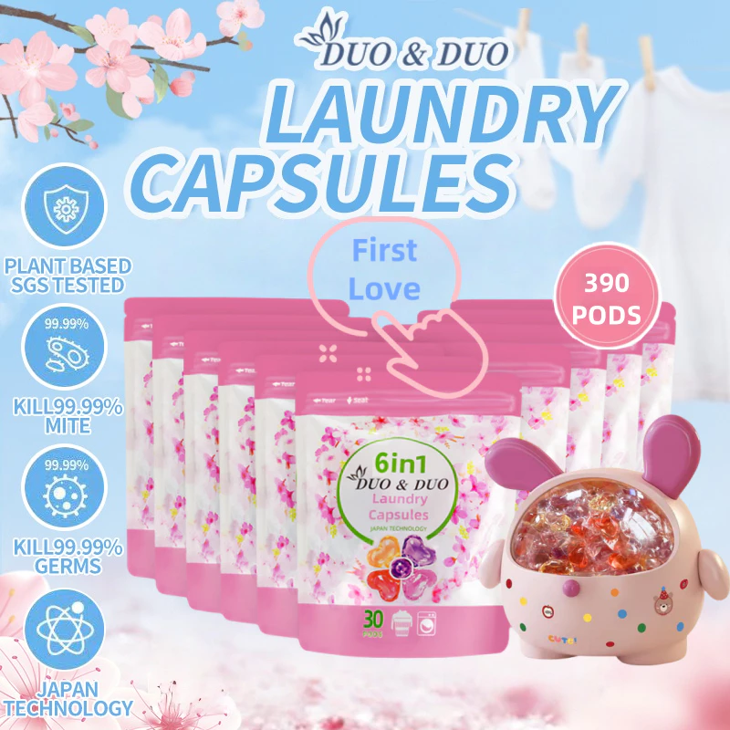 DuoDuo Plant Based Singapore SGS tested 6 in 1 Laundry Capsules Bundles of 10Packs+1Box 6 in 1First love-390 POD (Pink)