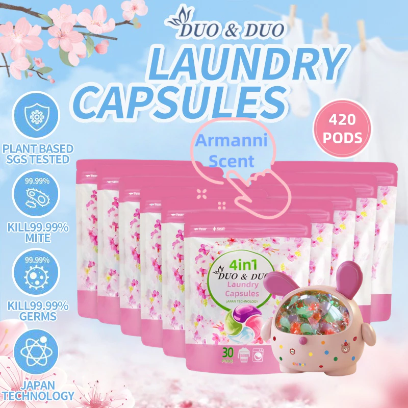 DuoDuo Plant Based Singapore SGS tested 4 in 1 Laundry Capsules Bundles of 10Packs + 1Box Armanni - 420PODS (Pink)