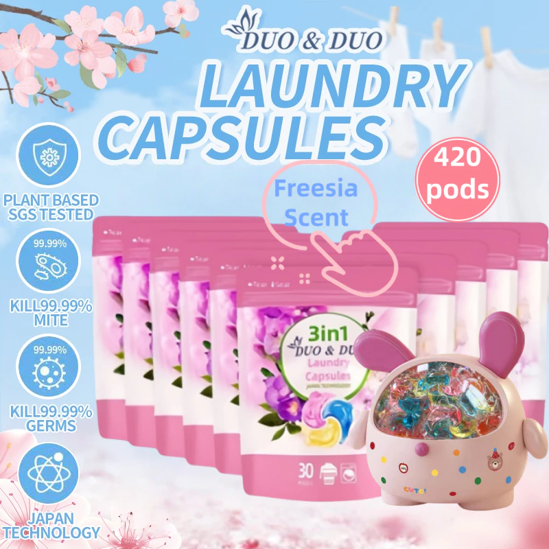 DuoDuo Plant Based Singapore SGS tested 3 in 1 Laundry Capsules Bundles of 10Packs+1Box 3 in 1 Freesia Scent-420 PODS (Pink)