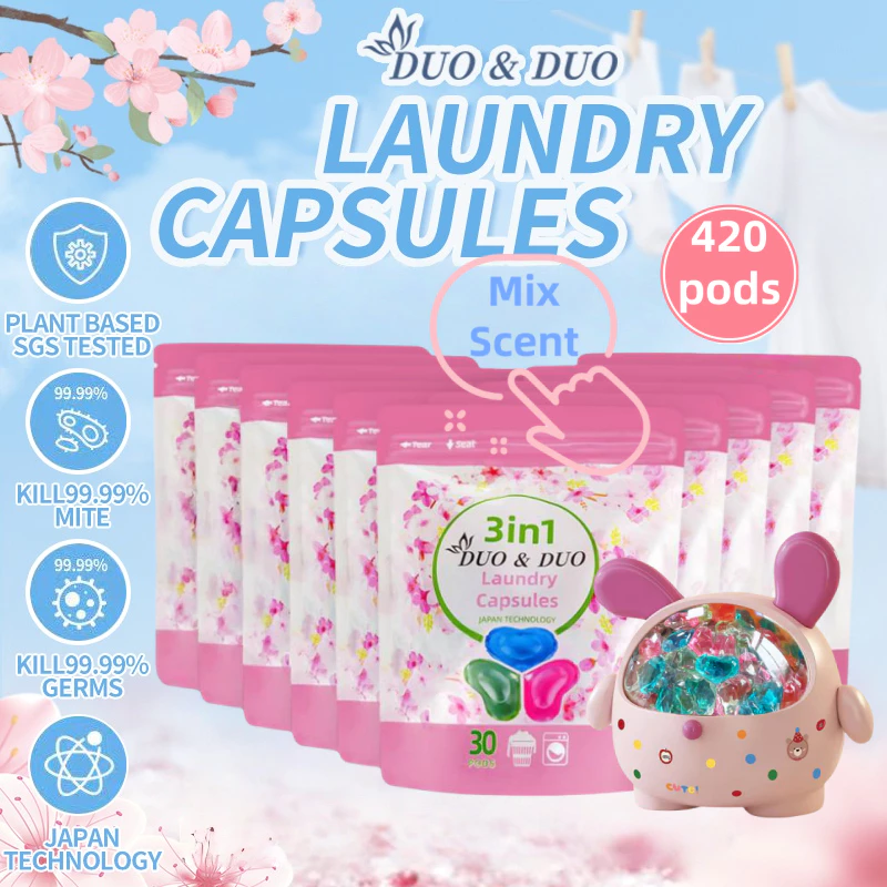 DuoDuo Plant Based Singapore SGS tested 3 in 1 Laundry Capsules Bundles of 10Packs+1Box 3 in 1 Mix Scent-420 PODS (Pink)