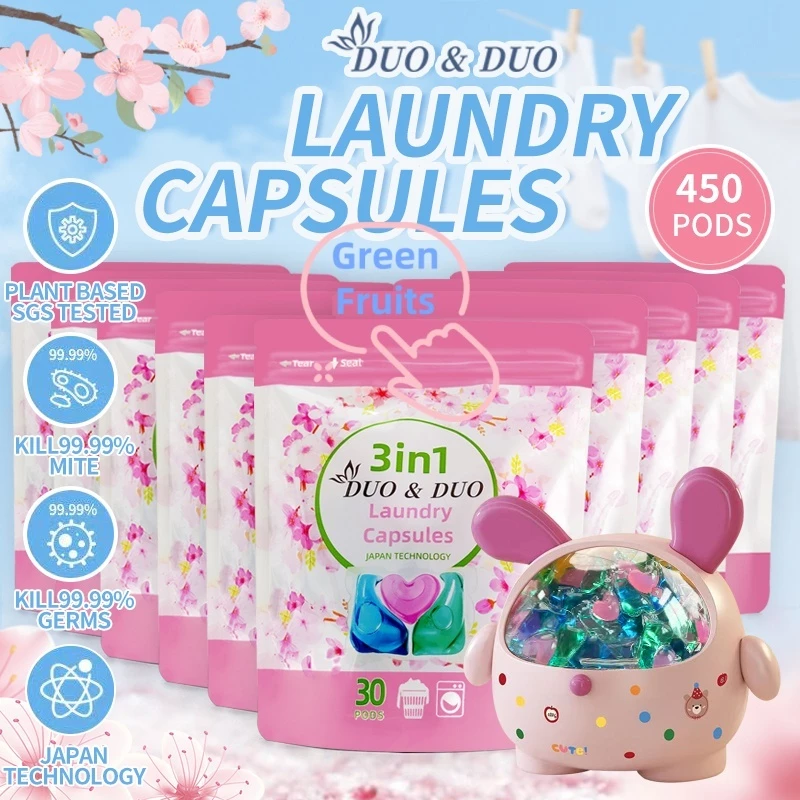 DuoDuo Plant Based Singapore SGS tested 3 in 1 Laundry Capsules Bundles of 10Packs+1Box 3 in 1 Green Fruits-450 PODS (Pink)