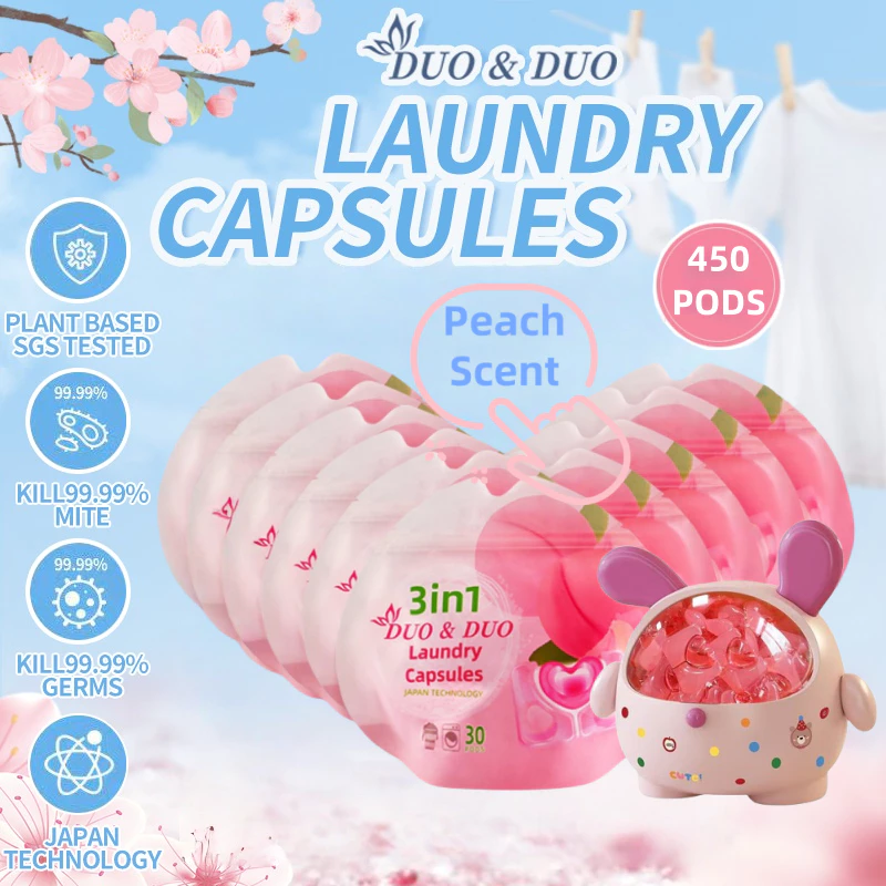 DuoDuo Plant Based Singapore SGS tested 3 in 1 Laundry Capsules Bundles of 10Packs+1Box 3 in 1 Peach Scent-450 PODS (Pink)