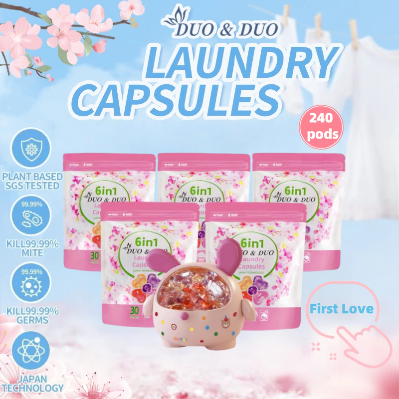 DuoDuo Plant Based Singapore SGS tested 6 in 1 Laundry Capsules Bundles of 5Packs+1Box First Love-240 PODS (Pink)