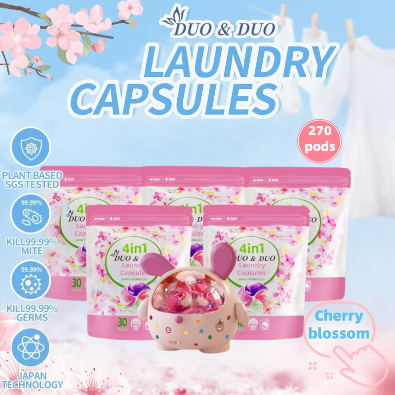 DuoDuo Plant Based Singapore SGS tested 4 in 1 Laundry Capsules Bundles of 5Packs + 1Box Cherry Blossom - 270PODS (Pink)