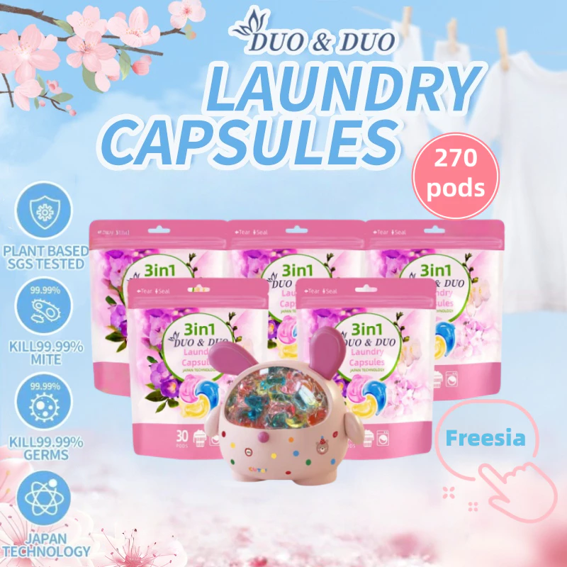 DuoDuo Plant Based Singapore SGS tested 3 in 1 Laundry Capsules Bundles of 5Packs+1Box Freesia Scent-270 PODS  (Pink)