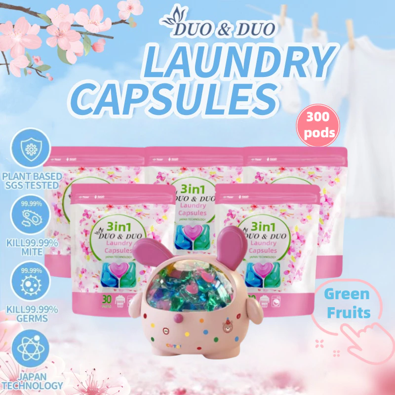 DuoDuo Plant Based Singapore SGS tested 3 in 1 Laundry Capsules Bundles of 5Packs+1Box Green Fruits-300 PODS (Pink)