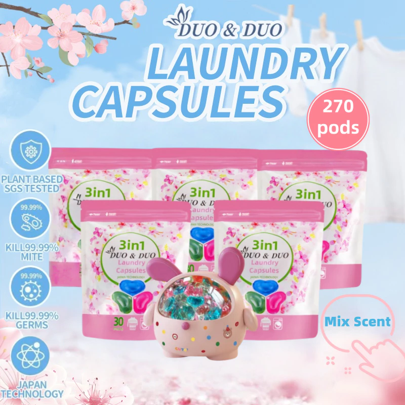 DuoDuo Plant Based Singapore SGS tested 3 in 1 Laundry Capsules Bundles of 5Packs+1Box Mix Scent-270 PODS (Pink)