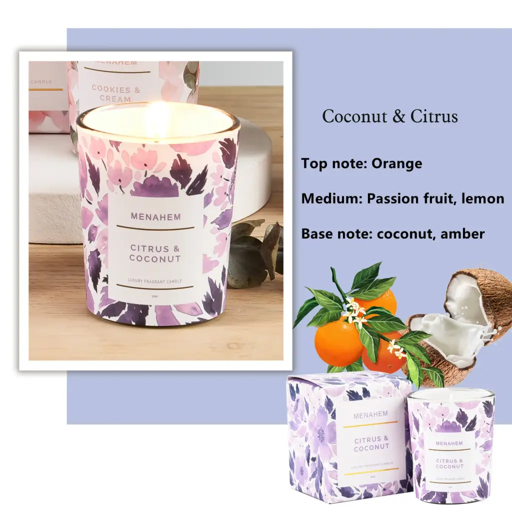 DuoDuo 50g Scented Candle In Essential Oil Soy Cotton Wick 12H Burn (Coconut & Citrus)