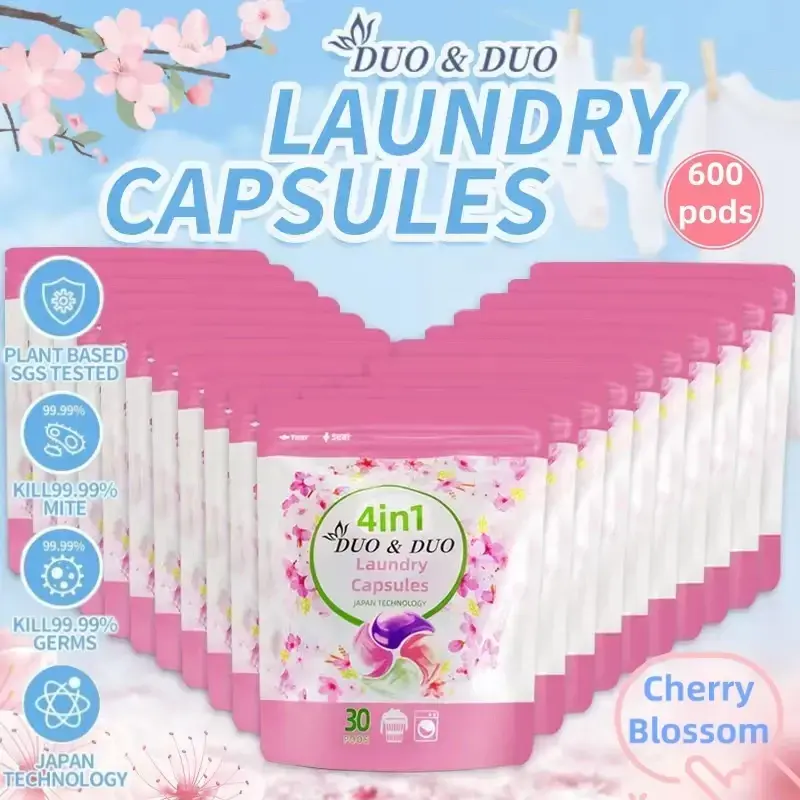 DuoDuo Plant Based Singapore SGS tested Bundle of 20 Packets 4 in 1 Laundry Capsules Cherry Blossom Scent 600 pods